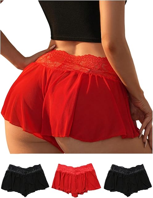 Women's Sexy Ruffle Boyshort Underwear Lightweight Lace High Waisted Panties 3 Pack
