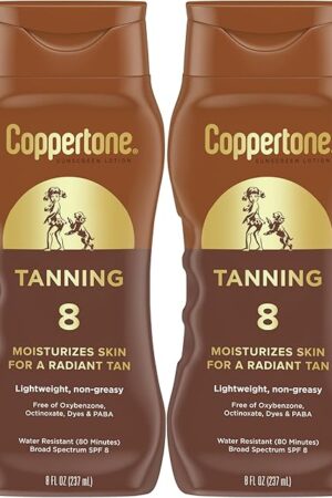 Coppertone Sunscreen Tanning Lotion SPF 8, Lightweight and Non Greasy Sunscreen, Water Resistant, Oxybenzone Free, Sun Tan Lotion Moisturizes Skin for a Radiant Tan, 8 Fl Oz Bottle, Pack of 2