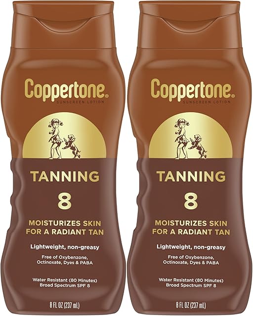 Coppertone Sunscreen Tanning Lotion SPF 8, Lightweight and Non Greasy Sunscreen, Water Resistant, Oxybenzone Free, Sun Tan Lotion Moisturizes Skin for a Radiant Tan, 8 Fl Oz Bottle, Pack of 2