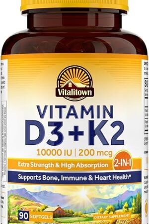 Vitalitown Vitamin D3 K2 Supplement, Vitamin D3 10000 IU Vitamin K2 (MK7) 200 mcg, 90 Softgels, Non-GMO, No Gluten & Soy, for Bone, Teeth, Immune & Heart Health