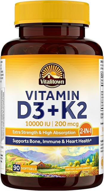 Vitalitown Vitamin D3 K2 Supplement, Vitamin D3 10000 IU Vitamin K2 (MK7) 200 mcg, 90 Softgels, Non-GMO, No Gluten & Soy, for Bone, Teeth, Immune & Heart Health
