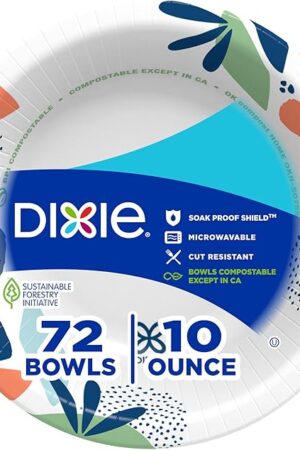 Dixie Small Paper Bowls, 10 Oz, 72 Count, Microwave-Safe, Soak-Proof, Disposable Bowls Great For Snacks, Dessert, And Light Lunch Meals