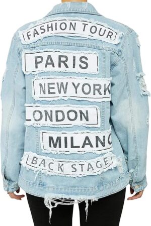 Women's Letter Patchwork Long Sleeve Ripped Jean Jacket Sexy V Neck Loose Printed Distressed Denim Outfits