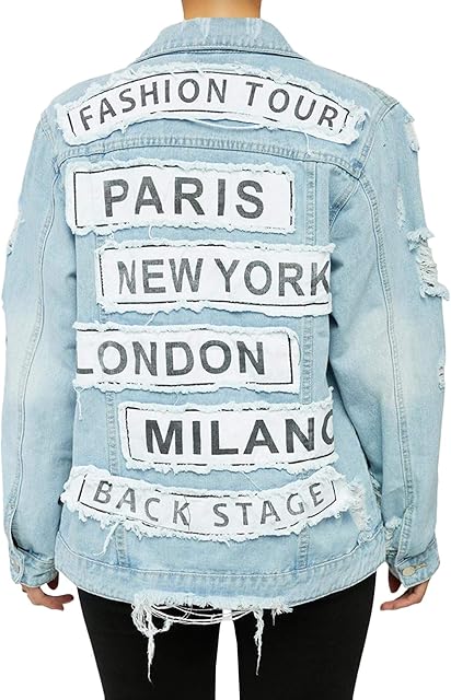 Women's Letter Patchwork Long Sleeve Ripped Jean Jacket Sexy V Neck Loose Printed Distressed Denim Outfits