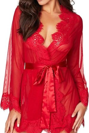 Women Lace Kimono Robe Sexy Babydoll Lingerie Mesh Cover Up Bridal Lingerie