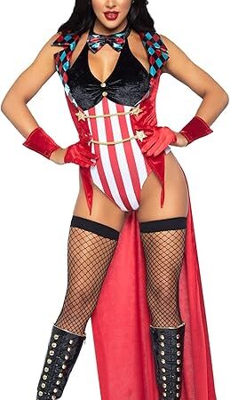 Women's 4 Pc Circus Ring Mistress Costume with Bodysuit, Jacket, Cuffs, Hat