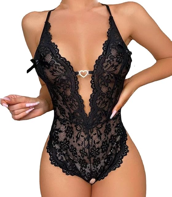 Babydoll Lingerie for Women Lace Floral Embroidery Sexy Deep V Teddy Bodysuit One Piece Cute Sleepwear