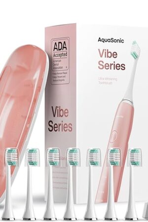 Aquasonic Vibe Series Ultra-Whitening Toothbrush ? ADA Accepted Electric Toothbrush - 8 Brush Heads & Travel Case ? 40,000 VPM Motor & Wireless Charging - 4 Modes w Smart Timer ? Satin Rose Gold