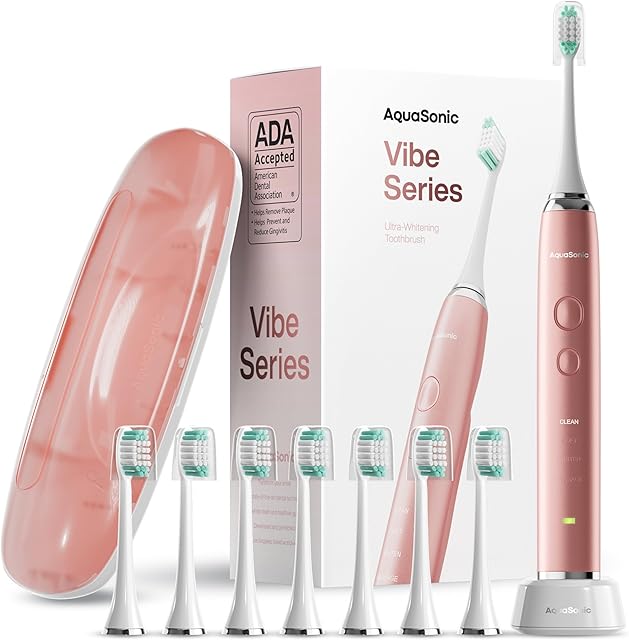 Aquasonic Vibe Series Ultra-Whitening Toothbrush ? ADA Accepted Electric Toothbrush - 8 Brush Heads & Travel Case ? 40,000 VPM Motor & Wireless Charging - 4 Modes w Smart Timer ? Satin Rose Gold