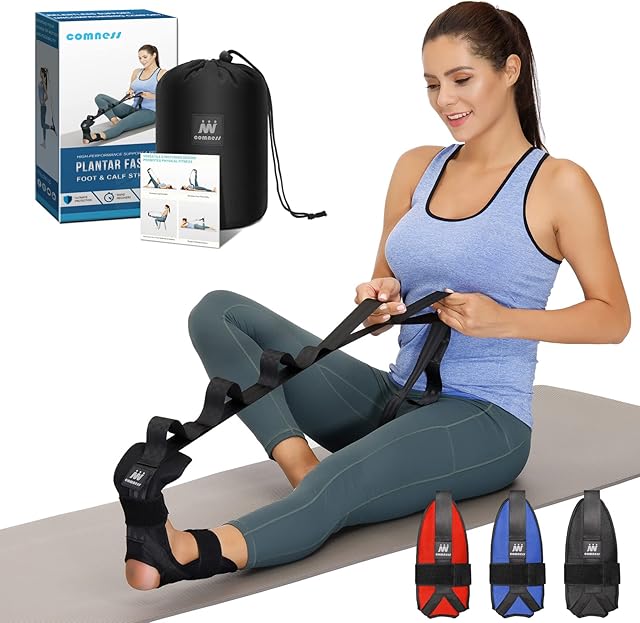 Foot and Calf Stretcher-Stretching Strap For Plantar Fasciitis, Heel Spurs, Foot Drop, Achilles Tendonitis & Hamstring Yoga Foot & Leg Stretch Strap (Black)
