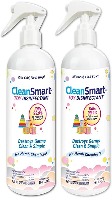 CleanSmart Toy Disinfectant Spray Kills 999% of Viruses and Bacteria, Rinse Free, 16 oz Bottle, (Pack of 2)