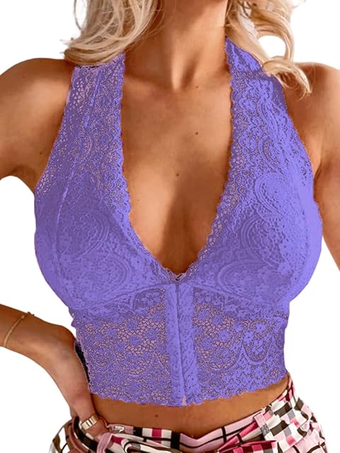 Lace Bralette for Women, Sheer Floral Plunge Deep V Sexy Bra, Push Up Halter Racerback Bustier Lingerie Going Out