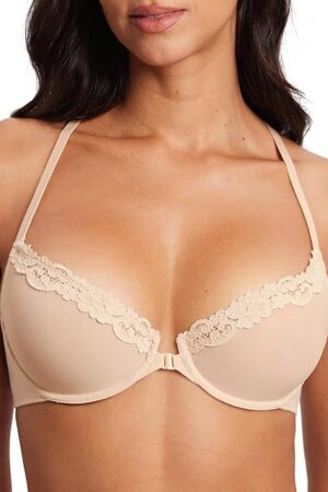 Women's Mesh Front Closure Racerback Bra Lace Trim Unlined Underwire Sexy Plunge Sheer Bras Y Back Beige - Sheer Mesh 34C