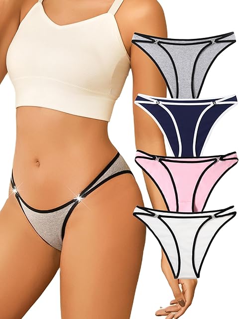Cotton Underwear for Women with Rhinestones Sexy String Bikini Panties Cheeky Low Rise Hipster 2 or 4 Pack