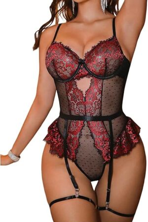 Women's 4 Piece Lingerie Sets Floral Lace Sheer Ruffle Teddy Bodysuit Garter Lingerie