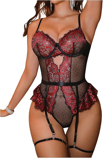 Women's 4 Piece Lingerie Sets Floral Lace Sheer Ruffle Teddy Bodysuit Garter Lingerie