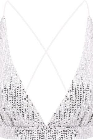 Womens Sexy Sequin Crop Top V Neck Bandage Tank Top Bustier Cami Dance Bra Top for Club Rave