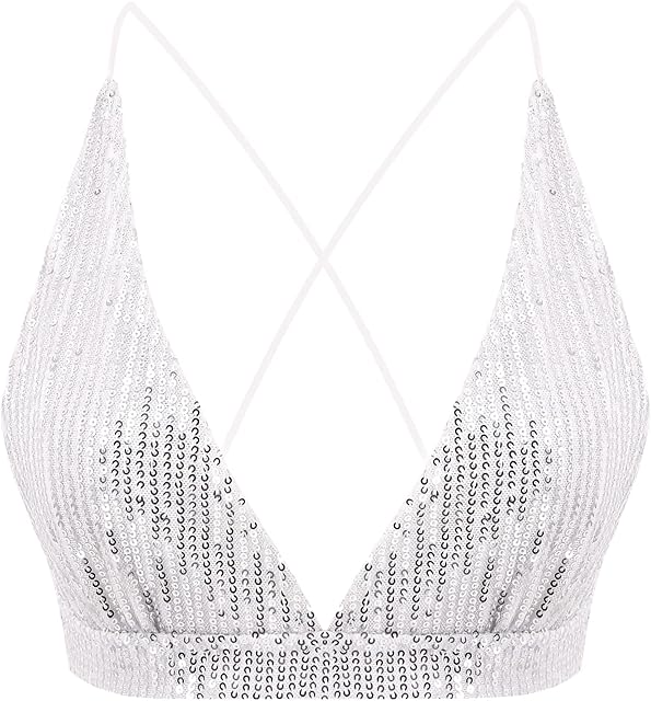 Womens Sexy Sequin Crop Top V Neck Bandage Tank Top Bustier Cami Dance Bra Top for Club Rave