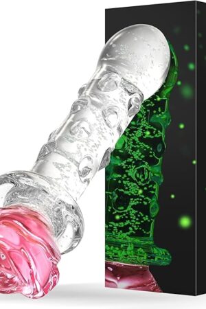 Glass Dildo Glass Butt Plug - 618" Glass Anal Plug with Stimulating Beads, Glow in The Dark Crystal Glass Anal Beads Rose Dildo for Beginners, Anal Sex Toy for Men Women Lesbian Couples Pleasure