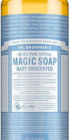 Dr Bronner's Pure-Castile Magic Liquid Soap - Made with Regenerative Organic Certified Oils - 18-in-1 Uses for Face, Body, Hand Gentle on Baby & Sensitive Skin Body Wash Unscented,32oz