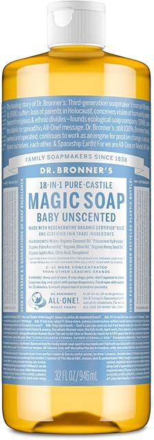 Dr Bronner's Pure-Castile Magic Liquid Soap - Made with Regenerative Organic Certified Oils - 18-in-1 Uses for Face, Body, Hand Gentle on Baby & Sensitive Skin Body Wash Unscented,32oz