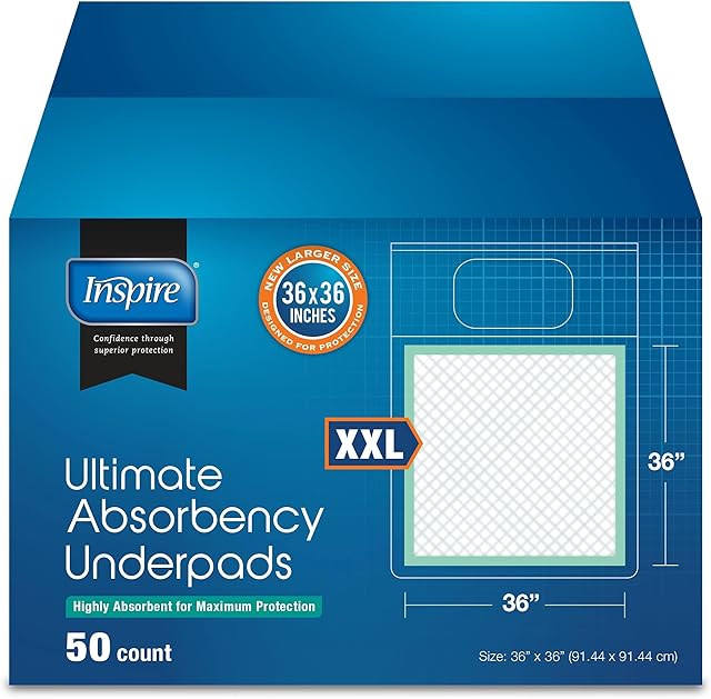 Inspire Extra Large Super Absorbent Disposable Bed Pads for Incontinence (36" X 36" Pack of 50) Ultra Thick and Absorbent Underpads Chux Adults, Puppies, Dogs Kids Furniture Protection