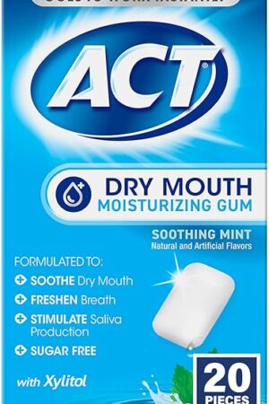 ACT Dry Mouth Moisturizing Gum, 20 Pieces, With Xylitol, Sugar Free Soothing Mint