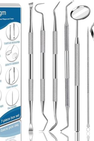 7pcs Dental Tools, Dental Pick Teeth Cleaning Tools Hygiene Kit, Professional Stainless Steel Tooth Scraper Plaque Tartar Cleaner - with Case, Personal Using, Pets - Teeth Cleaning Kit