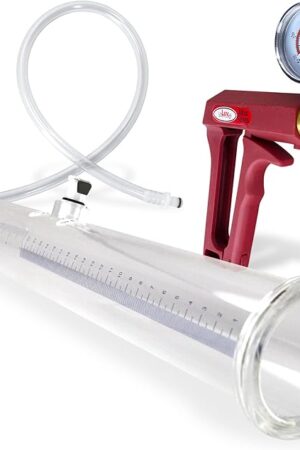 LeLuv Maxi Red Handle and Gauge Buddy Penis Pump 16 inch x 2 inch Double-Ended Natural Male Enhancement Cylinder