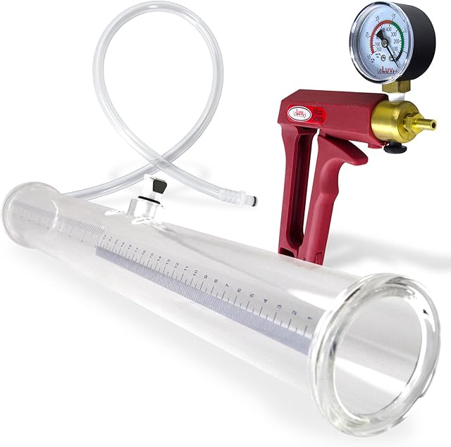 LeLuv Maxi Red Handle and Gauge Buddy Penis Pump 16 inch x 2 inch Double-Ended Natural Male Enhancement Cylinder