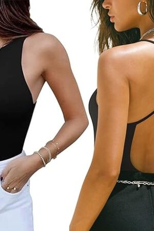 Womens Sexy Sleeveless High Neck And Scoop Neck Open T-Back Cami Sleeveless Bodysuit Tank Top