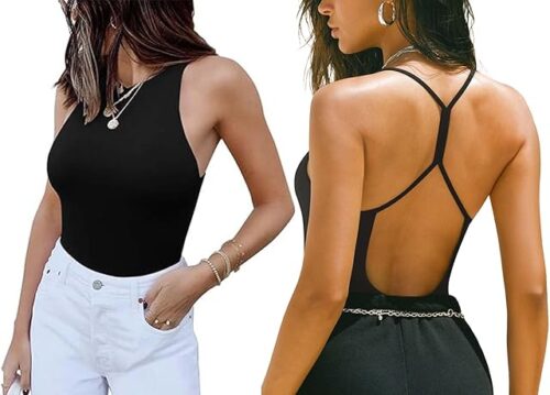 Womens Sexy Sleeveless High Neck And Scoop Neck Open T-Back Cami Sleeveless Bodysuit Tank Top