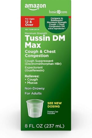 Amazon Basic Care Tussin DM MAX, Cough and Cold Medicine Syrup, Maximum Strength Mucus and Congestion Relief, Non-Drowsy, Raspberry Menthol Flavor, 8 fl oz (Pack of 1)