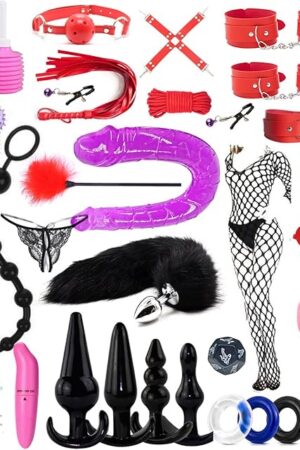 BOXIFA BDSM Restraints Sex Toys 32 Pcs Bondage Restraints Kits Crops Anal Plug Set Butt Plug Anal Plug Sex Toys Vibrator Anal Dildo BDSM Toy Kit for Women and Men