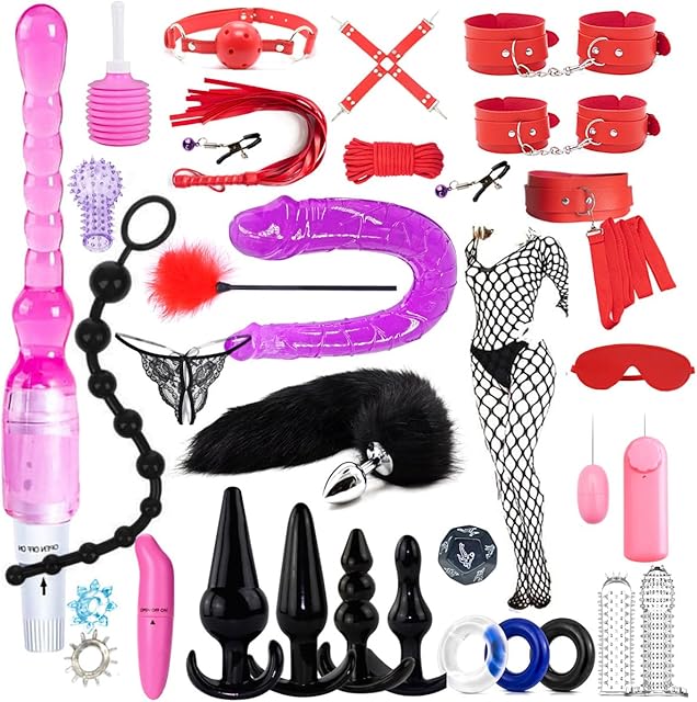 BOXIFA BDSM Restraints Sex Toys 32 Pcs Bondage Restraints Kits Crops Anal Plug Set Butt Plug Anal Plug Sex Toys Vibrator Anal Dildo BDSM Toy Kit for Women and Men
