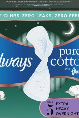 Always Pure Cotton Feminine Pads for Women, FlexFoam Pads with Wings, Size 5, Extra Heavy Overnight Absorbency, Unscented, 54 Count (3 Packs of 18)