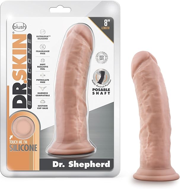 Blush Novelties Dr. Skin Silicone - 8 Inch Realistic Platinum Cured Dong - Powerful Suction Cup for Hands Free Play and Harness Compatible - Posable Shaft Contours to Your Body - Sex Toy