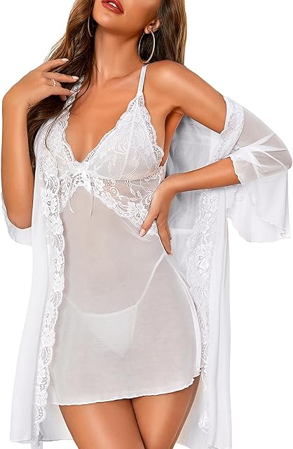 Women Sexy Lingerie Set 3 Piece Babydoll & Lace Kimono Robe Strap Chemise Nightgown Mesh Sleepwear