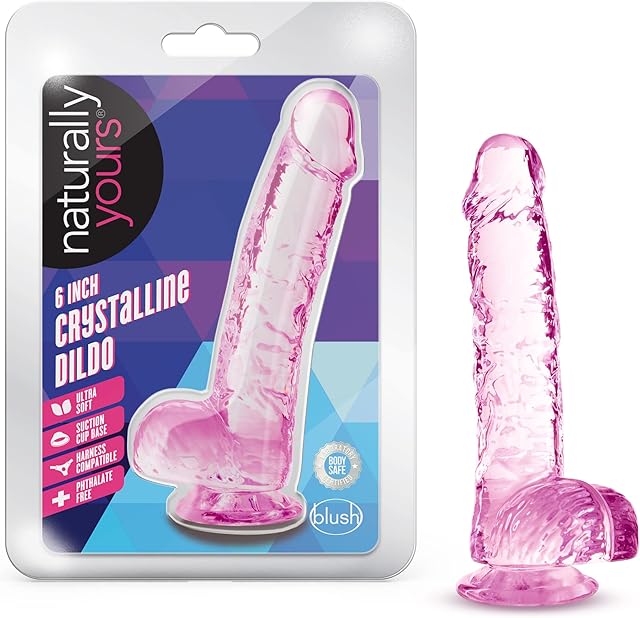 Blush Novelties 6 Inch Crystalline Dildo Suction Cup Harness Compatible Realistic Lifelike Hand Sculpted Sex Toy for Men Women Couples.