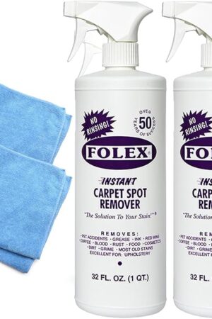 Folex 2 Instant Carpet Spot Removers (32 oz) & Reusable Microfiber Cleaning Cloths (15x15 in) - Household Stain Treater Kit