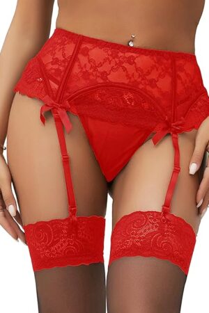 Women Floral Lace Garter Belt for Thigh Highs Stockings Suspender with 4-Strap Metal Clips Garters Lingerie (No Socks)