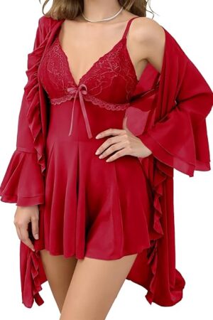 Women's 2 Piece Mesh Pajamas Sets Lace Cami Nightgown with Kimono Robes Set Nightwear