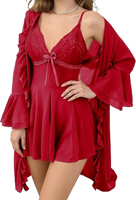 Women's 2 Piece Mesh Pajamas Sets Lace Cami Nightgown with Kimono Robes Set Nightwear