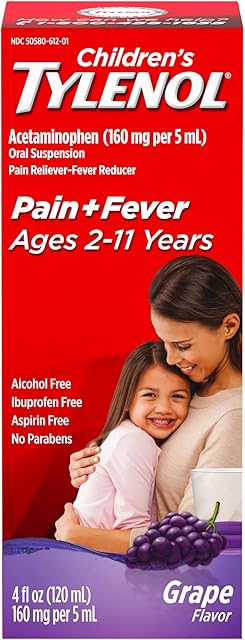 Children's Tylenol Liquid Oral Suspension Medicine, Acetaminophen Pain Reliever & Fever Reducer for Cold + Flu Symptoms & Sore Throat, Aspirin-, Ibuprofen- & Alcohol- Free, Grape, 4 fl oz