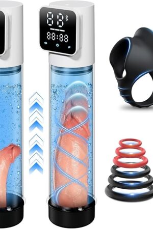 Electric Penis Pump for Men Sex Toys - Automatic Vacuum Enlargement Pump with 10 Suction Cycle Intensities & Digital Display, Rechargeable Stronger Bigger Erection Device with Cock Ring (White)