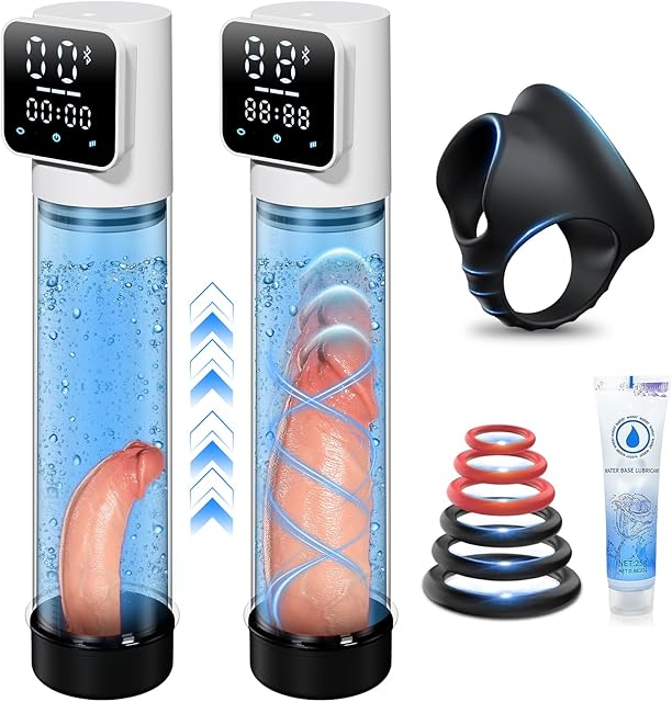 Electric Penis Pump for Men Sex Toys - Automatic Vacuum Enlargement Pump with 10 Suction Cycle Intensities & Digital Display, Rechargeable Stronger Bigger Erection Device with Cock Ring (White)