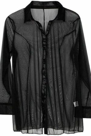 Women's Sexy Sheer Mesh Button Down Shirt Long Sleeve See Through Blouse Lingerie Top for Indoor Wear