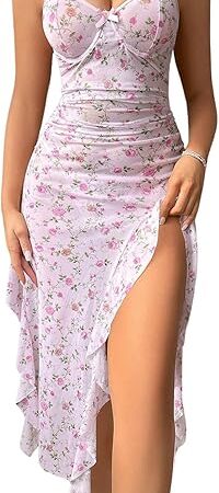 Women's Two Piece Lingerie Set Floral Ruffle V Neck Split Thigh Babydoll Teddy Chemise Nightgowns Sleepwear