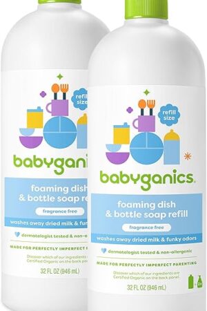 Babyganics Foaming Dish & Bottle Soap, Fragrance Free, Plant-Derived Cleaning Power, Removes Dried Milk, 32 Fl Oz (Pack of 2), Packaging May Vary