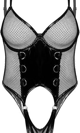 Women Wet Look Faux Leather Lingerie Set Fishnet Zip Crotch Bodysuit with Mini Skirt 2 Pc See Through Teddy Babydolls